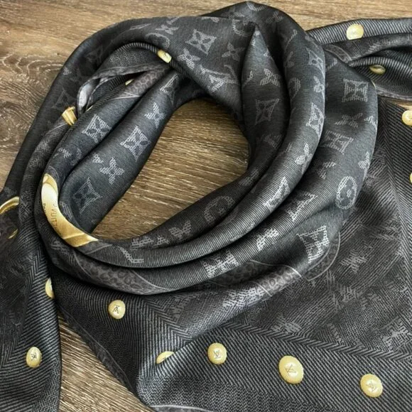 Louis Vuitton Scarf Monogram Denim Blask Gray Square Silk Wrap - Picture 14 of 16
